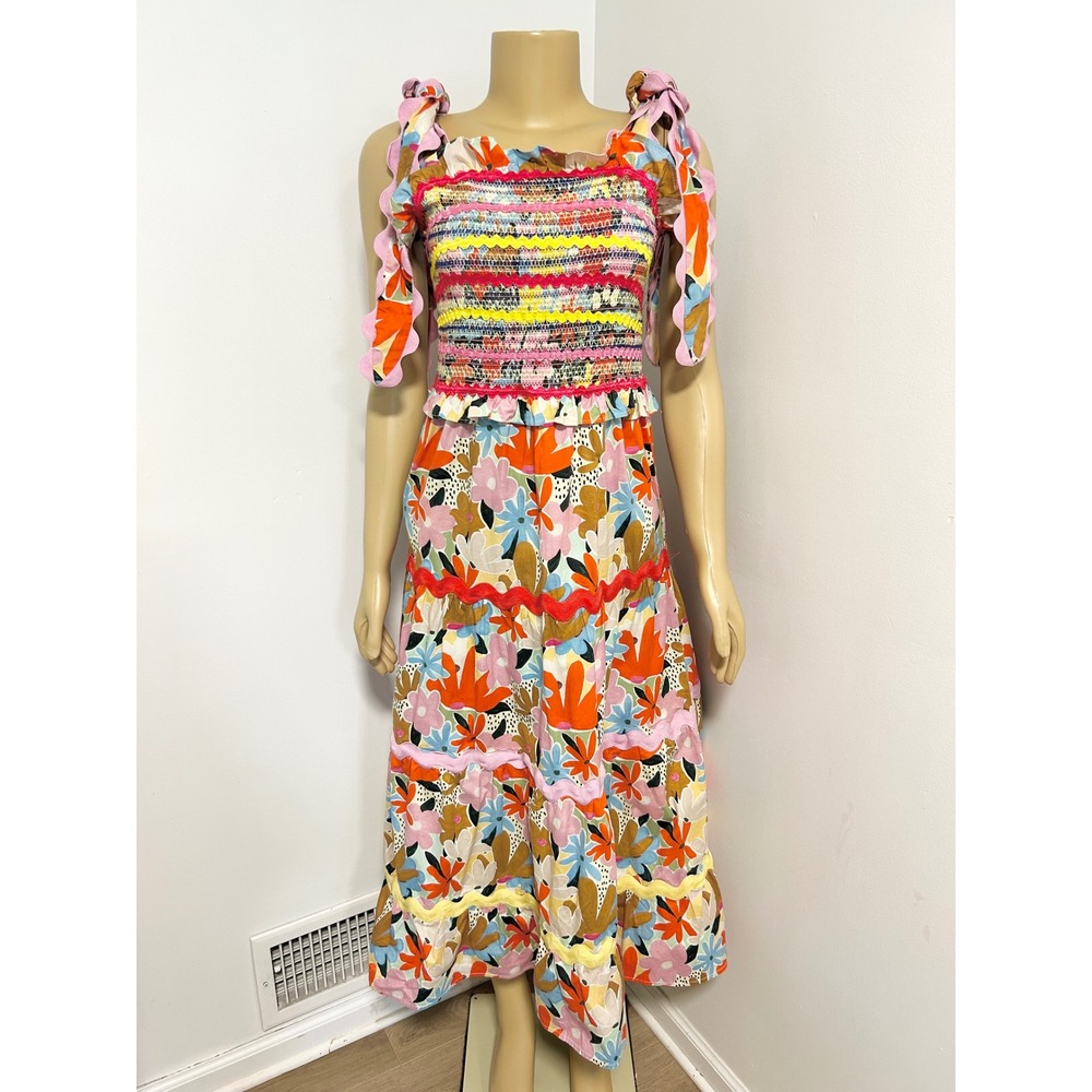 CeliaB Floral Nilsa Ric Rac Maximalist Smocked Tiered Midi Dress Multi Color L